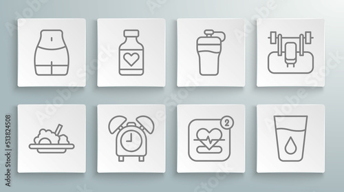 Set line Healthy food, Vitamin pill, Alarm clock, Mobile with heart rate, Glass water, Fitness shaker, Bench barbel and Women waist icon. Vector