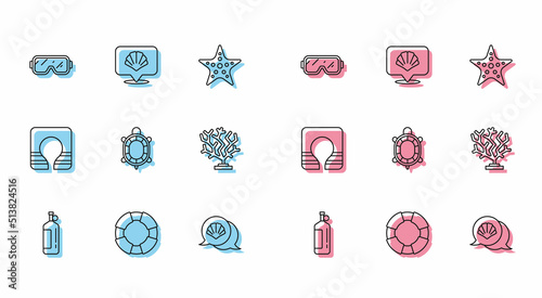 Set line Aqualung, Lifebuoy, Diving mask, Scallop sea shell, Turtle, Coral, jacket and icon. Vector