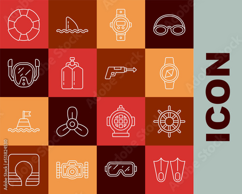 Set line Rubber flippers, Ship steering wheel, Compass, Diving watch, Aqualung, mask, Lifebuoy and Fishing harpoon icon. Vector