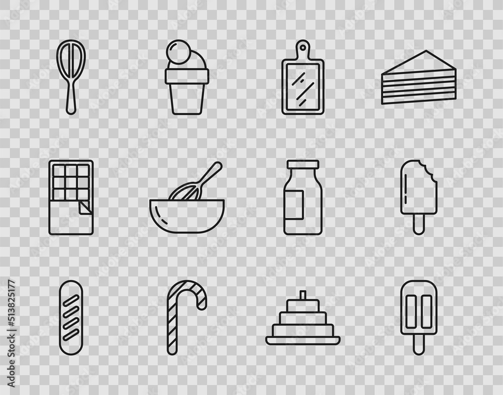 Set line French baguette bread, Ice cream, Cutting board, Christmas candy cane, Kitchen whisk, bowl, Cake with burning candles and icon. Vector Set line French baguette bread, Ice cream, Cutting board, Christmas candy cane, Kitchen whisk, bowl, Cake with burning candles and icon. Vector