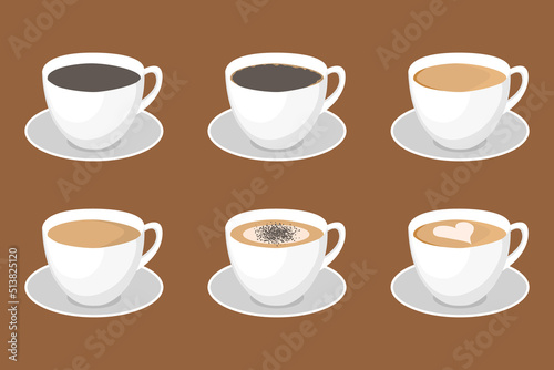 White cups of coffee. Cappuccino latte americano espresso cocoa. Hot coffee in white cups.