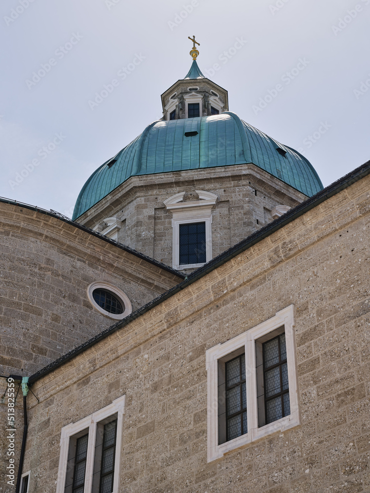 Rear tower with cross of Cathedral of Saints Rupert and Vergilius in Salzburg, Austria