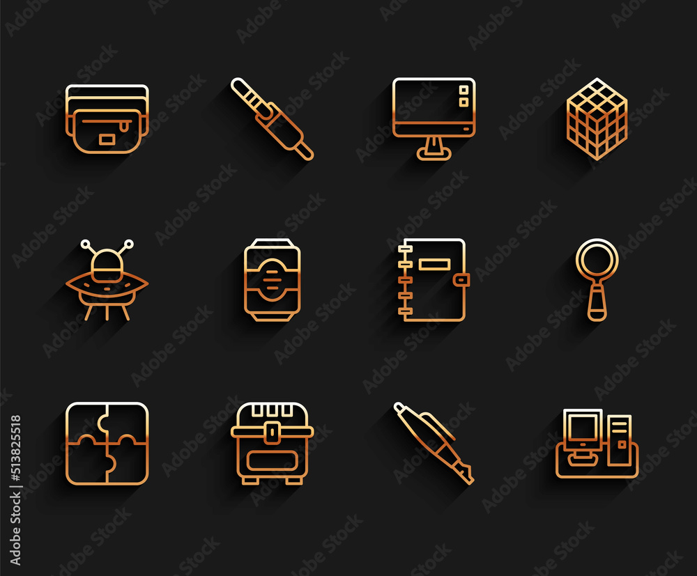 Set line Piece of puzzle, Antique treasure chest, Waist bag banana, Fountain pen nib, Monitor with keyboard, Energy drink, Magnifying glass and Spiral notebook icon. Vector Set line Piece of puzzle, Antique treasure chest, Waist bag banana, Fountain pen nib, Monitor with keyboard, Energy drink, Magnifying glass and Spiral notebook icon. Vector