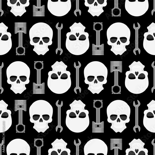 Skull and Engine piston pattern seamless. motorcycle pistons background. Car workshop texture