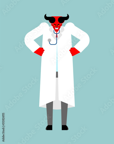 Devil doctor. Doctor Satan in white coat. Vector illustration
