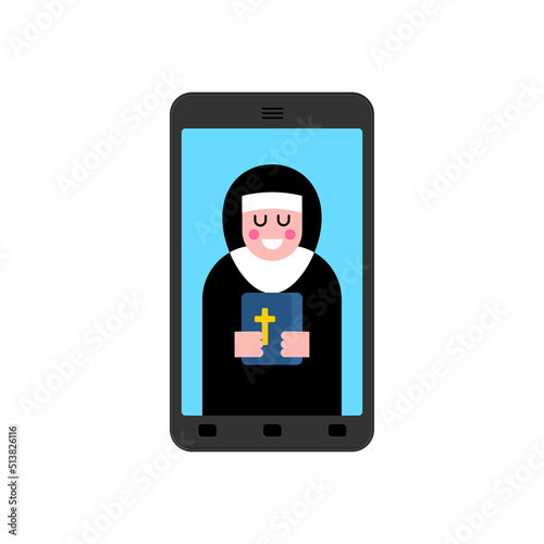 Preaching online. Prayer online. sermon and gadget. Nun and smartphone. Communion on the Internet