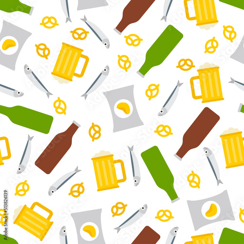 Beer and snacks pattern seamless. Fish and chips and a mug of beer background. pub sign texture