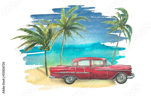 A tropical landscape with a red car and palm trees on the background of a sea beach. Watercolor illustration. Composition of a large set of CUBA. For the design and decoration of banners, postcards