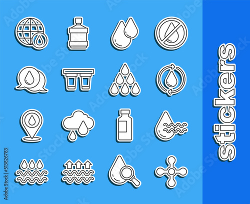 Set line Water tap, Recycle clean aqua, drop, filter, Earth planet in water and icon. Vector