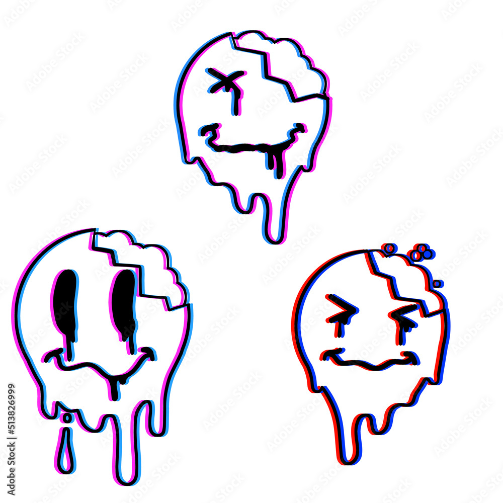 Acid smile face. Melted rave and techno symbol of 90s. Trendy Psychedelic crazy print.