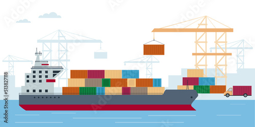 Cargo ship with containers in city port. Seaport with cranes and warehouses. Sea freight transportation or logistic. Vector illustration.