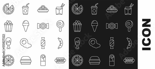 Set line Hotdog sandwich, Lollipop, Asian noodles in bowl, Ice cream waffle cone, Popcorn box, Pizza and Candy icon. Vector