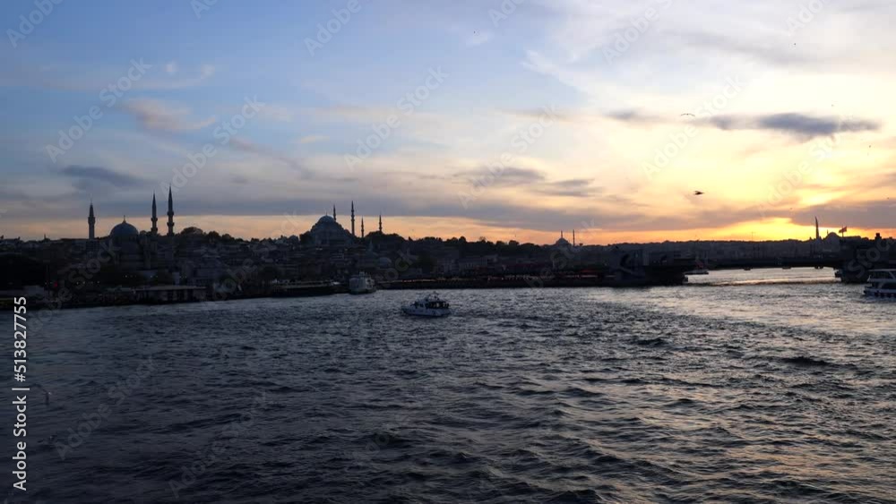 Istanbul view. Silhouette of Istanbul at sunset from a ferry. Travel to Turkey background video. Istanbul view. Silhouette of Istanbul at sunset from a ferry. Travel to Turkey background video.