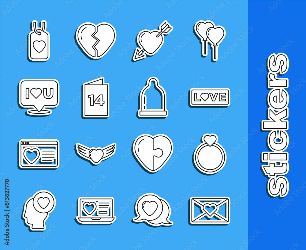 Set line Envelope with Valentine heart, Wedding rings, Love text, Amour and arrow, Greeting card, Speech bubble I love you, Heart tag and Condom icon. Vector Set line Envelope with Valentine heart, Wedding rings, Love text, Amour and arrow, Greeting card, Speech bubble I love you, Heart tag and Condom icon. Vector