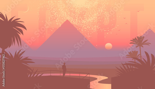 Sunset landscape with Cairo pyramids
