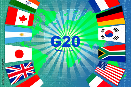 G20 international summit, global forum for cooperation, symbol of meeting heads of governments and central banks of countries on global technology business, concept mutual solution of world problems photo