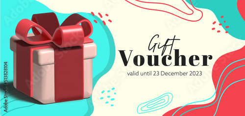 Gift voucher card template. Modern discount coupon or certificate layout with geometric shape pattern.  ribbons, bows, gift boxe and place for text. 