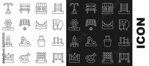 Set line Double swing, Horizontal bar, Kid playground slide pipe, Shooting gallery, Soccer goal with ball, Ferris wheel, Street light and Boat icon. Vector