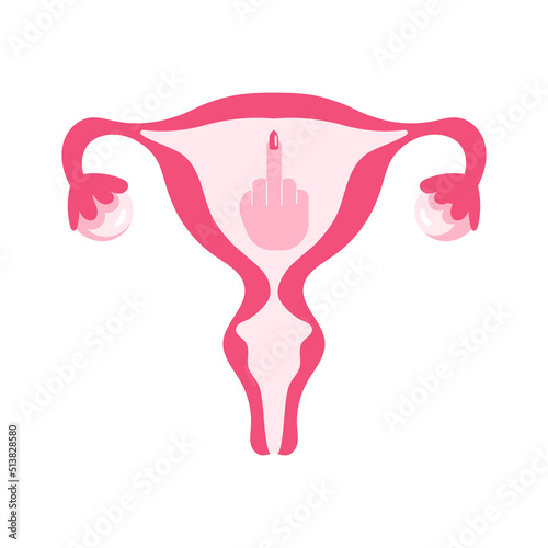 Women's rights. Uterus and the rude finger. Abortion protest flyer, choice campaign. Vector illustration isolated on white background.