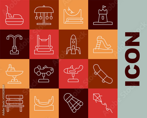 Set line Kite, Skateboard trick, Kid slide, park, Bungee, Street light, Bumper car and Rocket ship icon. Vector