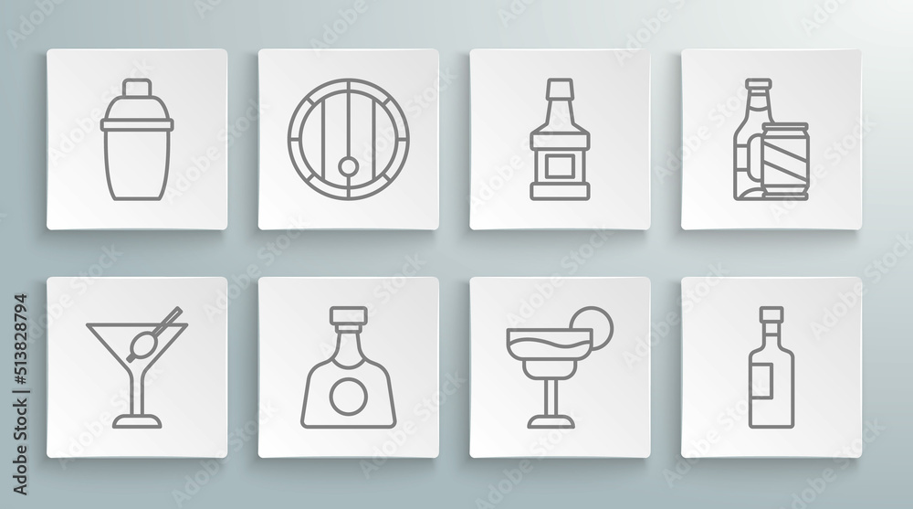 Set line Martini glass, Wooden barrel, Tequila bottle, Cocktail, Wine, Whiskey, Beer and beer can and shaker icon. Vector Set line Martini glass, Wooden barrel, Tequila bottle, Cocktail, Wine, Whiskey, Beer and beer can and shaker icon. Vector