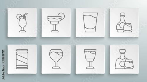 Set line Beer can, Cocktail, Wine glass, Whiskey bottle and, Shot, and icon. Vector