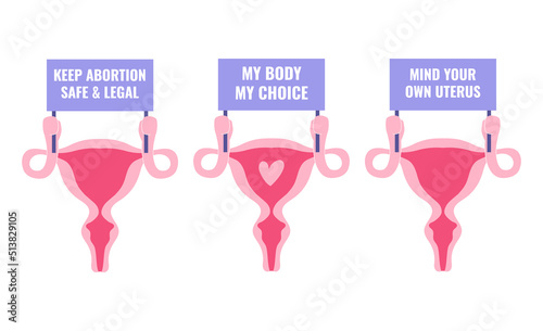 Uterus holding the protest banner. Keep abortion safe and legal text. Protest, women's rights and choice campaign. Vector illustration set isolated on white background.
