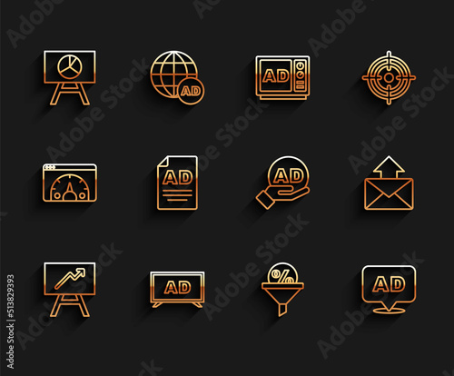 Set line Board with graph chart, Advertising, Lead management, Mail and e-mail and icon. Vector
