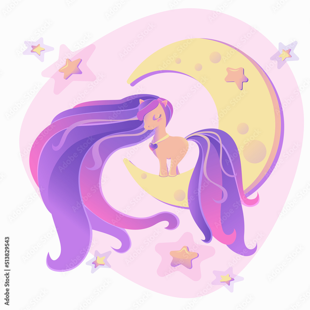 Sleepy pony on the moon - vector illustration