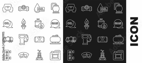 Set line Canister for motor oil, Oil tank storage, Location and gas station, drop, rig with fire, Word, Gas vehicle and Propane icon. Vector