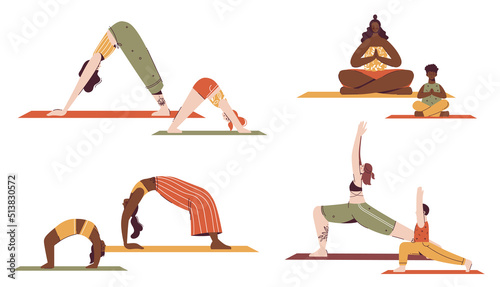 People, families exercising, do yoga together. Parents-children meditation set. Mothers, kids doing stretching. Physical training.