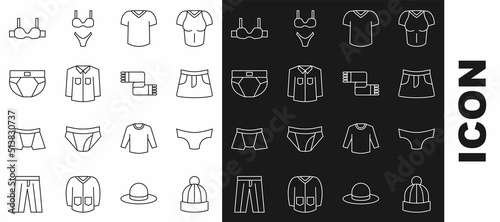 Set line Winter hat, Men underpants, Skirt, T-shirt, Shirt, Bra and scarf icon. Vector
