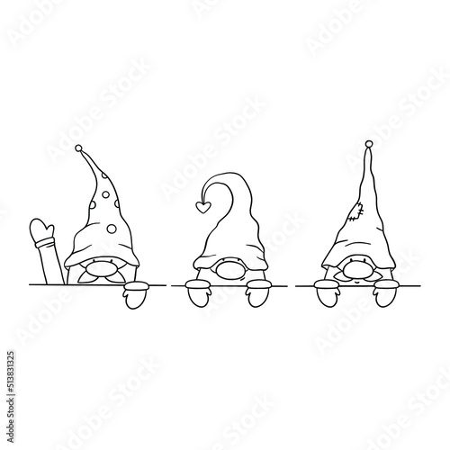 Peeking gnomes outline illustrations. Christmas tomte drawing for print design.