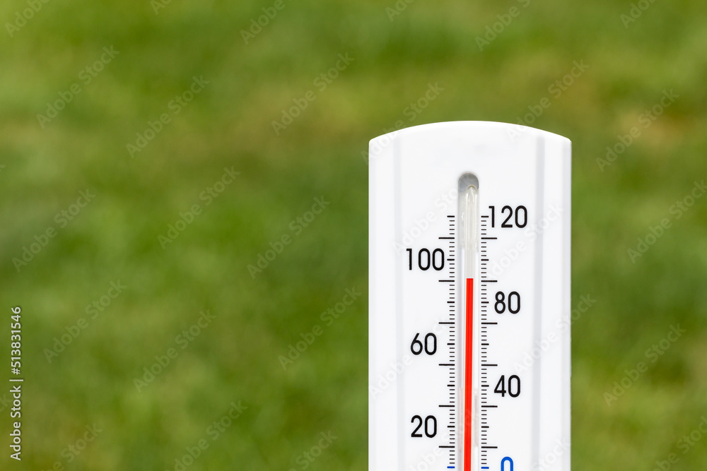 Outdoor Thermometer In The Sun During Heatwave Hot Weather High