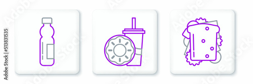 Set line Sandwich, Bottle of water and Paper glass with drinking straw donut icon. Vector