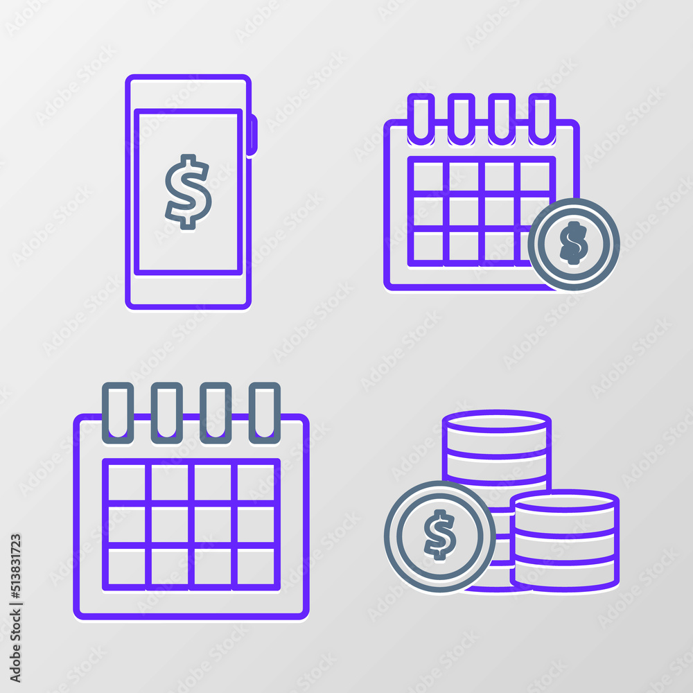 Set line Coin money with dollar symbol, Calendar, Financial calendar and Smartphone icon. Vector Set line Coin money with dollar symbol, Calendar, Financial calendar and Smartphone icon. Vector