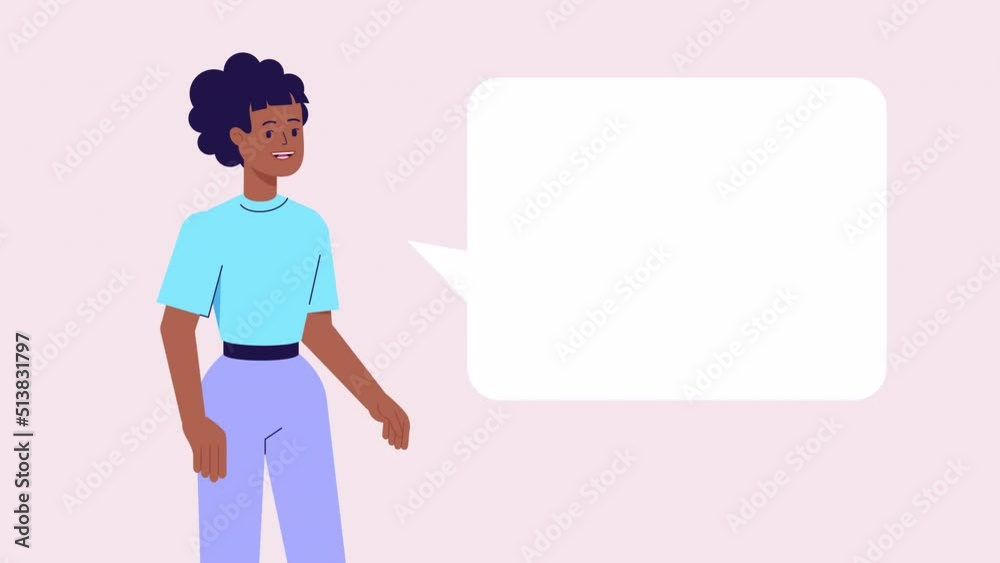 lip syncing Facial Animation for narration. female character speaking, speech bubble, copy space for text. animated footage 2d flat style. talking mouth, lips expressions, articulation. 