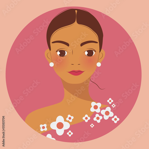 woman with tied dark hair and white flowers on her body