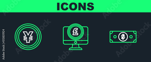 Set line Stacks paper money cash, Coin with Yen symbol and Computer monitor pound sterling icon. Vector
