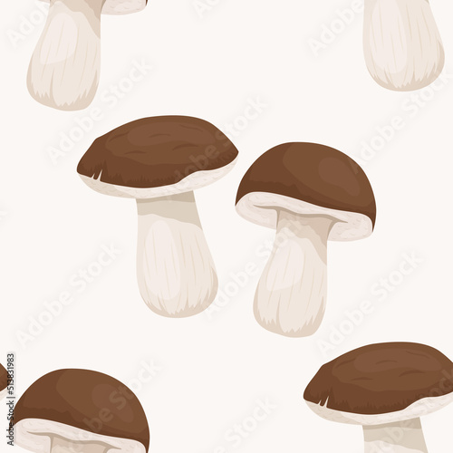 Vector Seamless Pattern with Bolete Mushroom on White. Seamless Texture, Hand Drawn Cartoon Bolete Mushrooms. Design Template for Textile, Wallpaper, Print. Leccinum Scabrum, Penny Bun