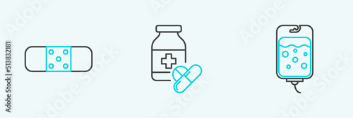 Set line IV bag, Bandage plaster and Medicine bottle pills icon. Vector