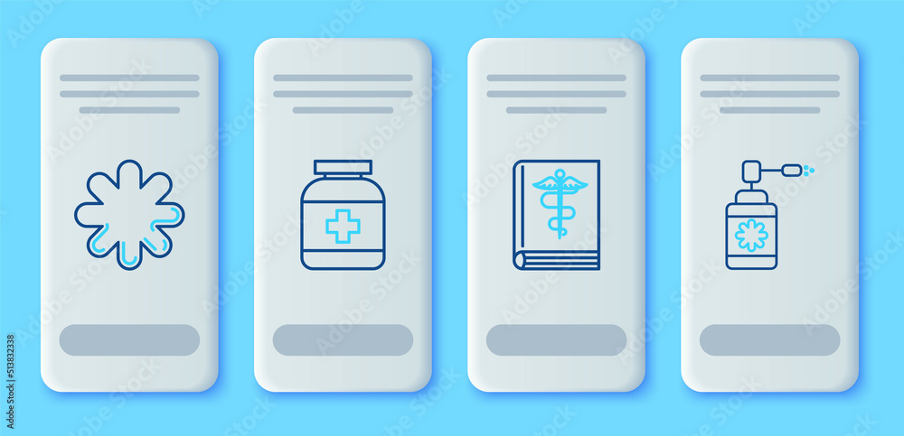 Set line Medicine bottle, Medical book, Cross hospital medical and with nozzle spray icon. Vector