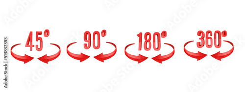 Red glossy 3D curve arrows and rotation angle degrees sing. Arrow vector icon set. 3d vector icon.