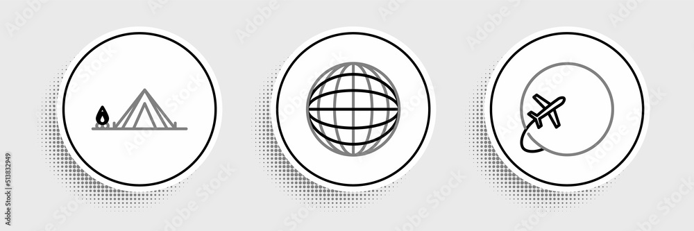 Set line Globe with flying plane, Tourist tent wood fire and Earth globe icon. Vector Set line Globe with flying plane, Tourist tent wood fire and Earth globe icon. Vector
