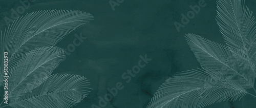 Abstract green art background with palm leaves in line style. Botanical banner with exotic plants for print design, decor, wallpaper, fabric photo