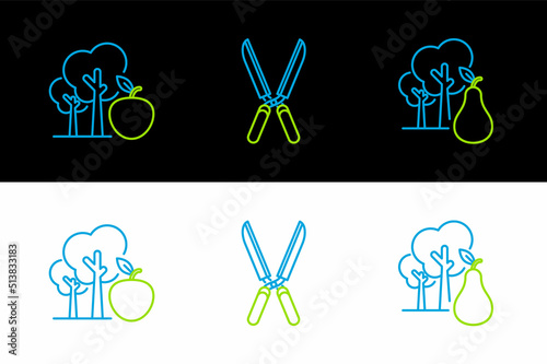 Set line Tree with pears, apple and Gardening handmade scissors for trimming icon. Vector