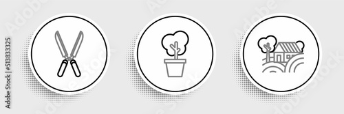 Set line Farm House concept, Gardening handmade scissors for trimming and Tree pot icon. Vector
