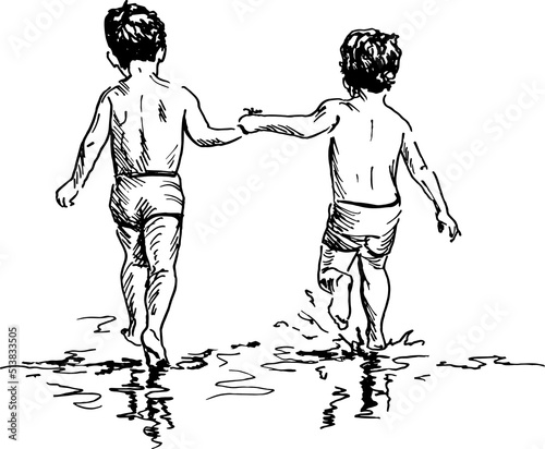 Hand sketch of two boys in the water. Vector illustration.