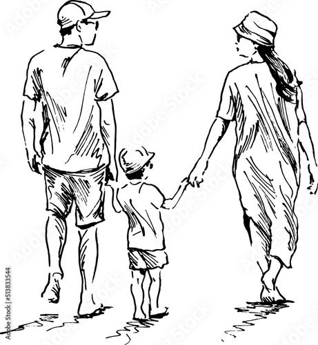 Hand sketch of a family on a walk. Vector illustration.