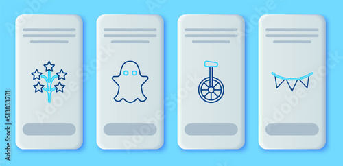 Set line Ghost, Unicycle or one wheel bicycle, Fireworks and Carnival garland with flags icon. Vector